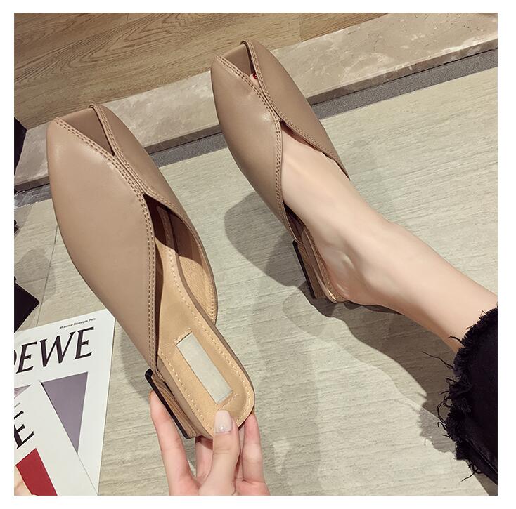 Peep toe tofflor mules skor kvinnor med chunky heel läder pumps sandaler sommar vår casual drags slides 4 cm: Kaki / 35