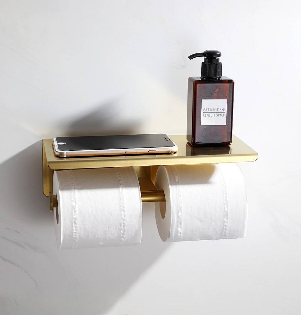 Børstet & sort & børstet guld & krom rustfrit stål toiletrulleholder dobbeltring toiletpapirholder med platfrom