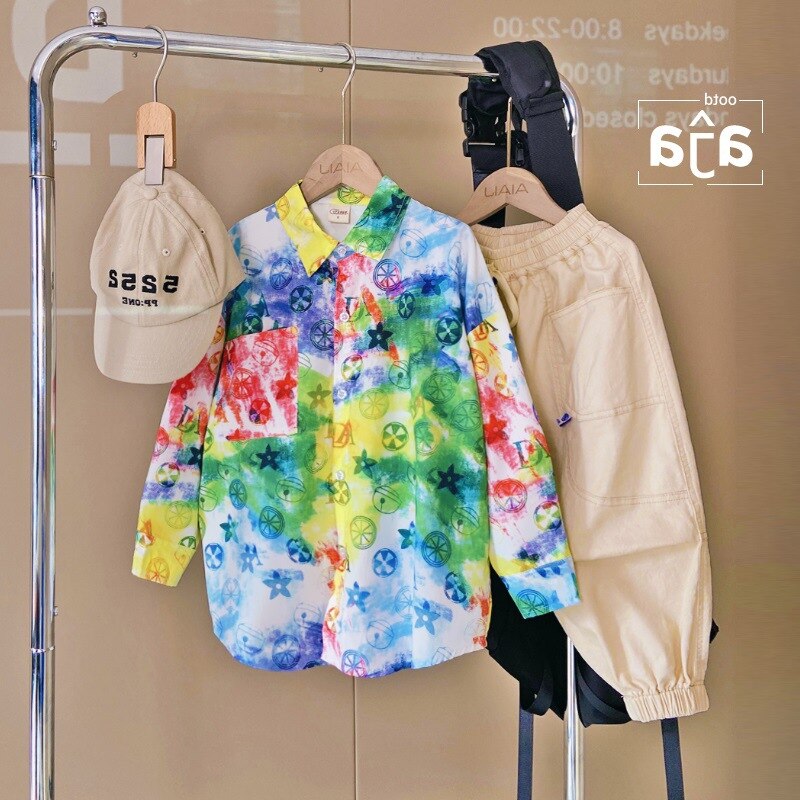 Jungen Regenbogen kontrast hemd 2022 frühling und herbst neue stil gebraten straße freundlicher langen ärmeln Revers Koreanische Shirt