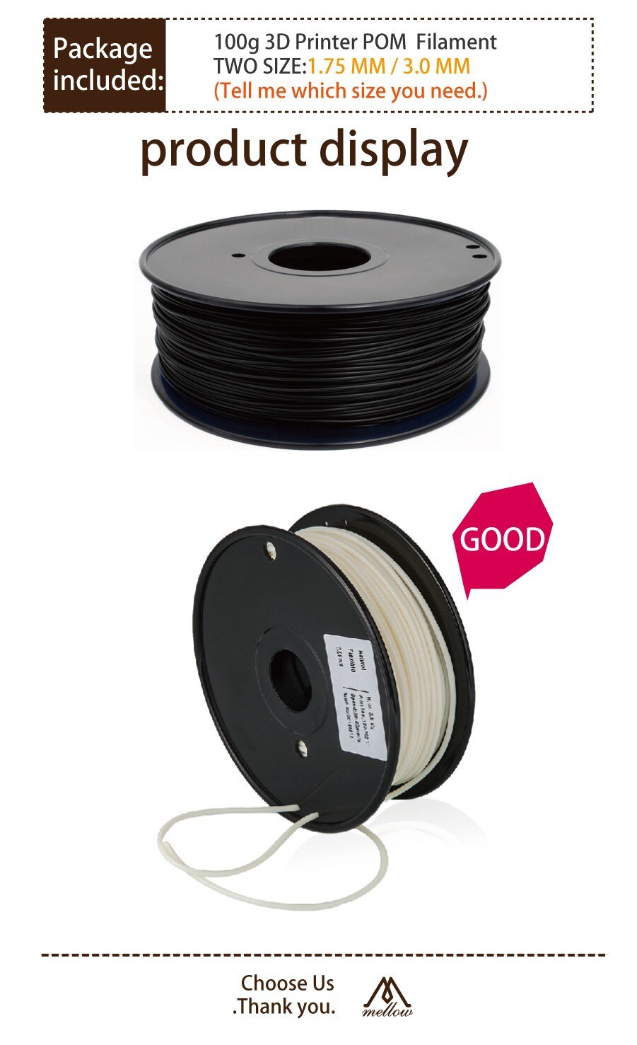 3D Printer POM Filament 3.0 MM 0.1Kg/1KG Spool for Makerbot, Reprap, UP, Afinia, Flash Forge and all FDM 3D Printers