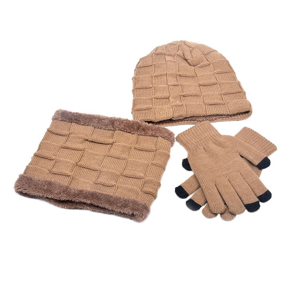 Mænd kvinder vinter 3 stykke sæt strik beanie hat tørklæde touchscreen handsker varm dragt: E