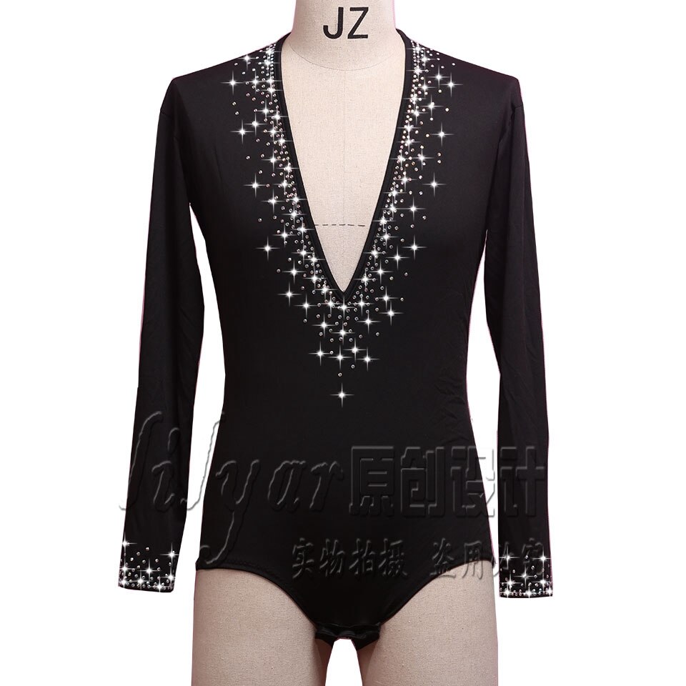 Brillantes Diamante de imitación Top de baile latino para hombre, camiseta negra de manga larga con cuello de pico profundo para baile, ropa para hombre de salón de baile latino