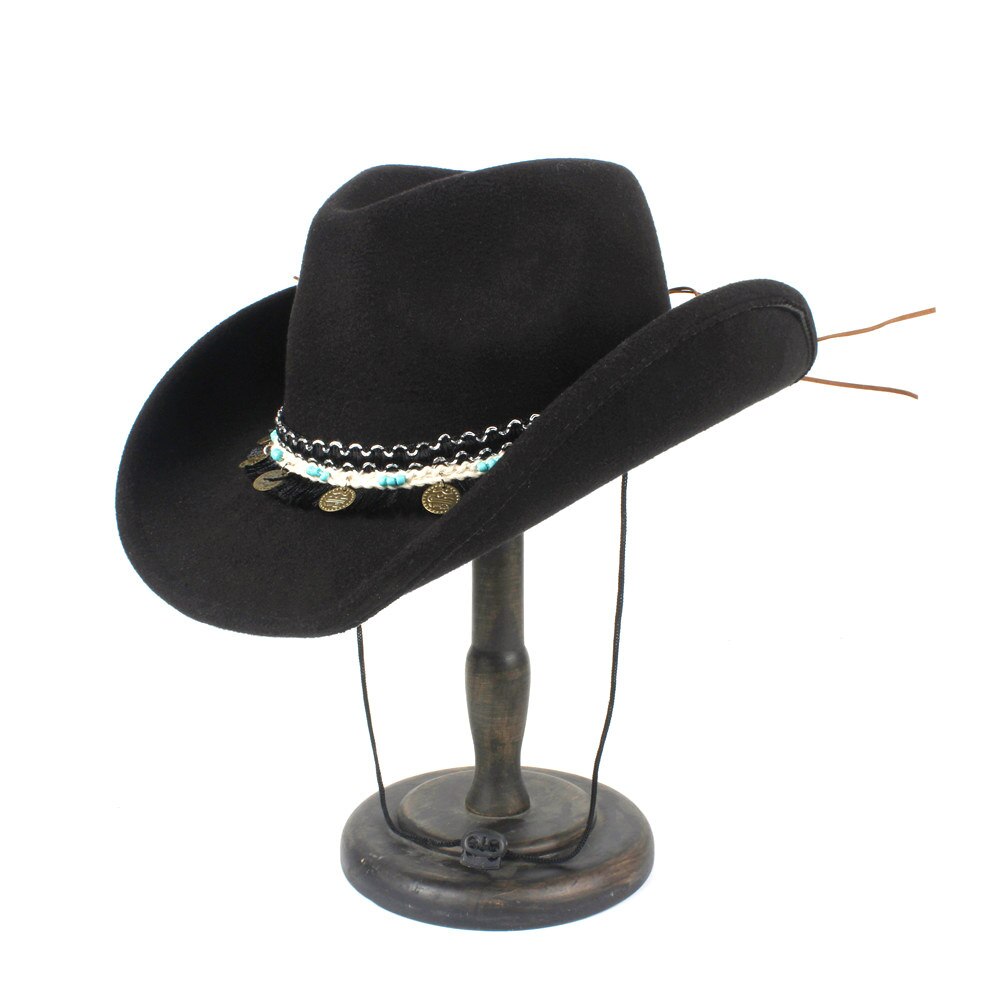 Kvinder kvast uld hule vestlige cowboy hat roll-up brim lady outblack sombrero hombre jazz cap vind reb størrelse 56-58cm