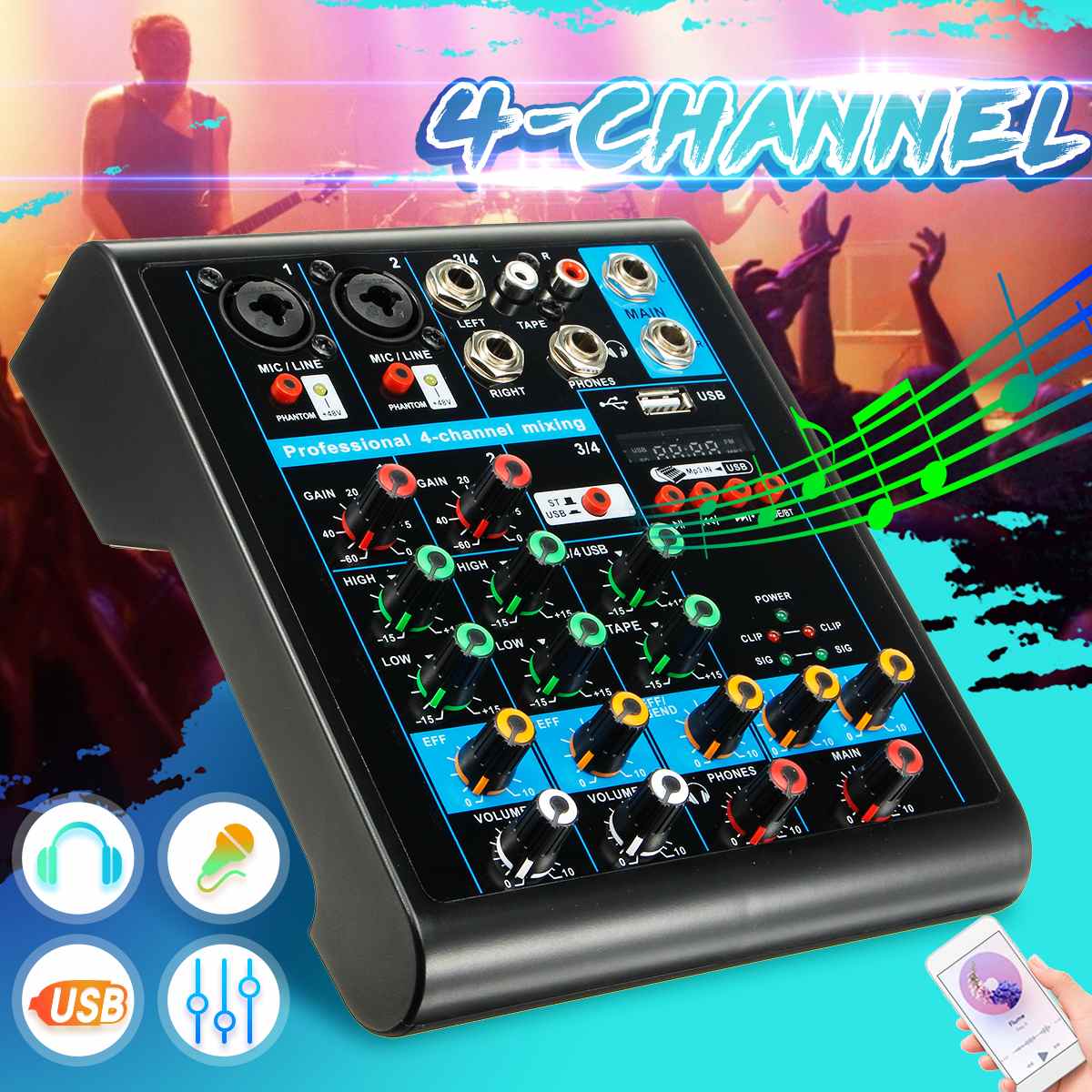 Mini 4 Channels Audio Mixer USB bluetooth MP3 Live Studio DJ Sound Mixing Console Karaoke Computer Phantom Power For KTV 48V