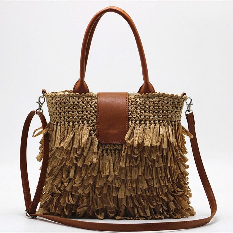 Bolso de mano tejido con borlas, bandolera de paja