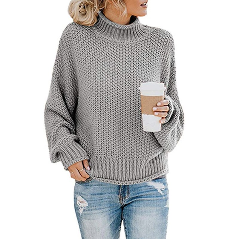 Knitted Turtleneck Warm Women's Sweater Autumn Long Lantern Sleeve Female Sweaters Winter Casual Solid Ladies Pullover: Gray