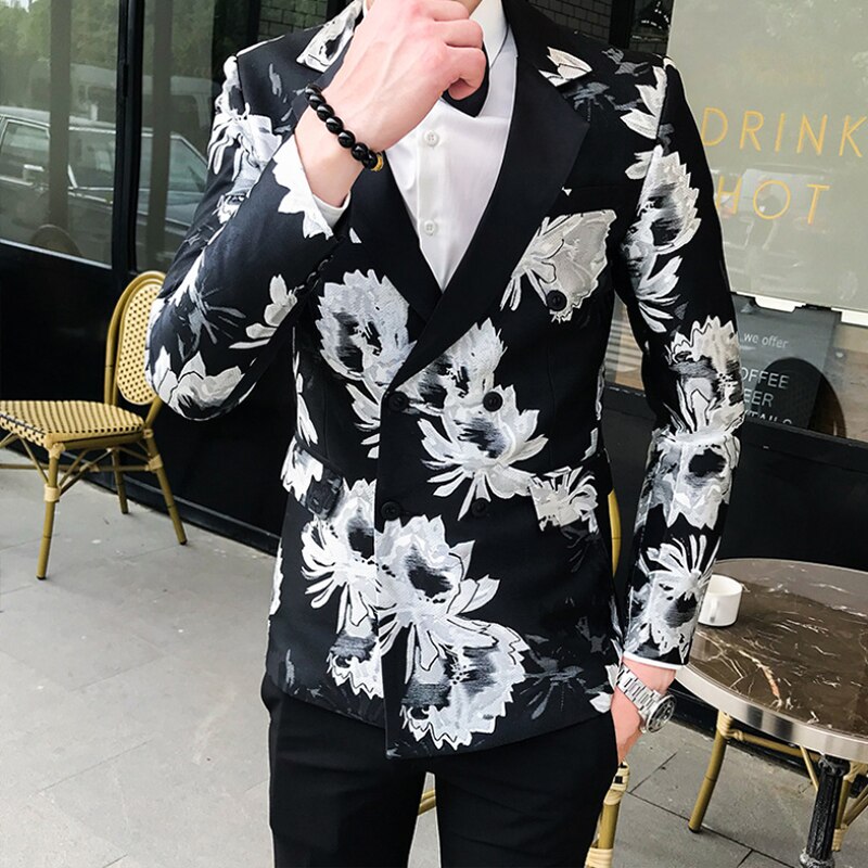 Trend mænds casual jakkesæt dobbeltradet blazer bryllupsfest mænd printet blazer: Udskriv 3 / M