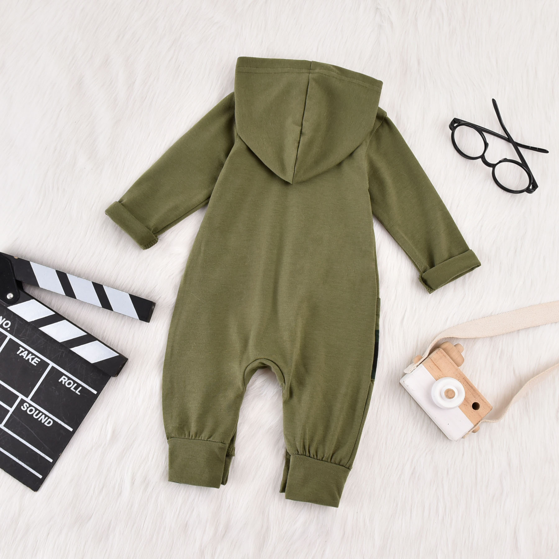 0-18M Infant Baby Boys 100% Cotton Romper Floral Print Long Sleeve Hooded Jumpsuit Spring Autumn Playsuits Army Green/White