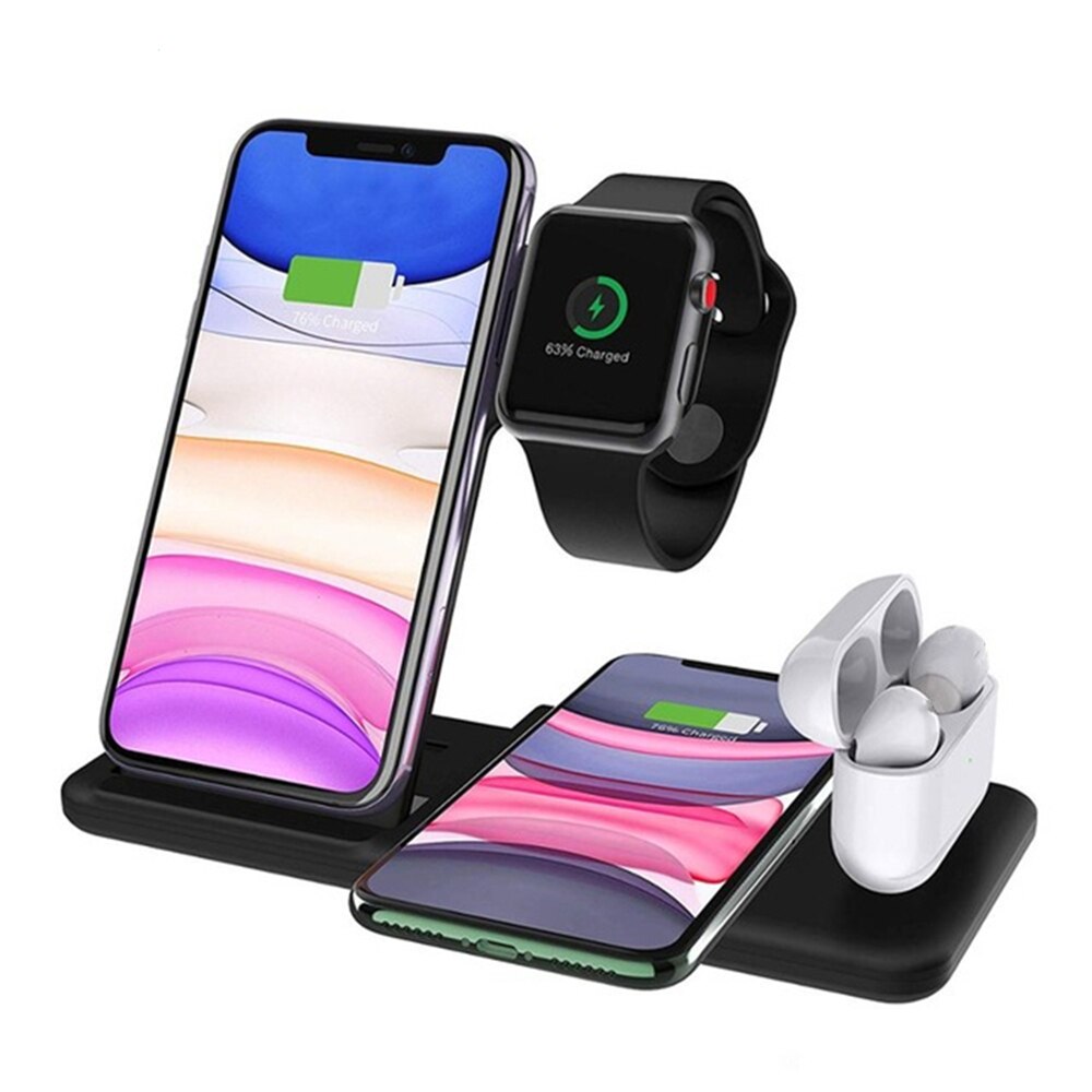 15W Qi Drahtlose Ladegerät Für iPhone 12 11 XS XR X 8 Samsung S20 3 in 1 Ladestation für Apfel Uhr SE 6 5 4 3 2 Airpods Profi: 4 IN 1 15W  schwarz