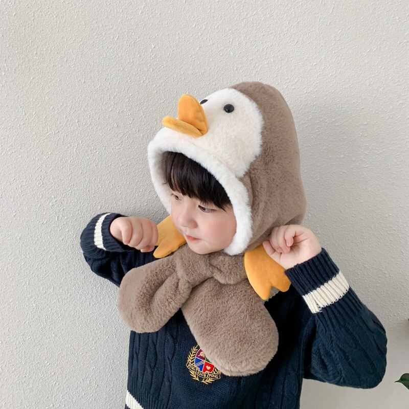 Sombrero de pingüino y bufanda para niños, otoño e invierno, bonito sombrero de felpa para niños y niñas: Black