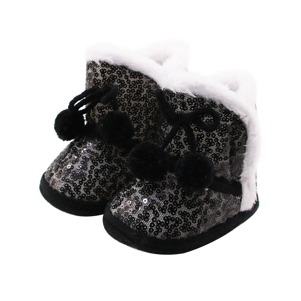 pudcoco Baby Girls Sequin Snow Boots Non-Slip Soft Sole Winter Warm Fur Lined Shoes Ankle Booties with Lace up Pom 0-12 Months: Black / 12