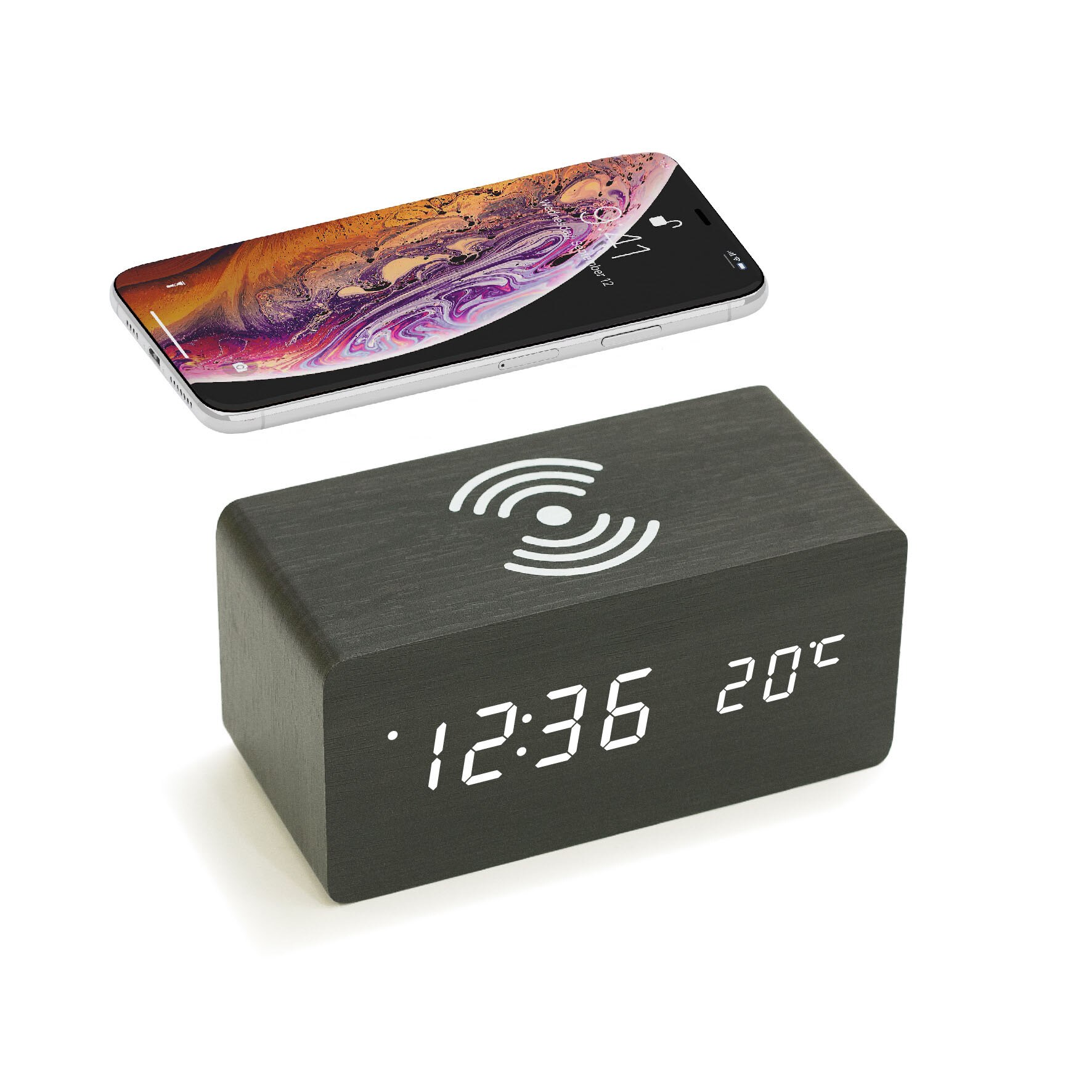 Wooden LED Electric Digital Alarm Clock Multifunctional Thermometer Clock Mobile phone Wireless Charging Clock
