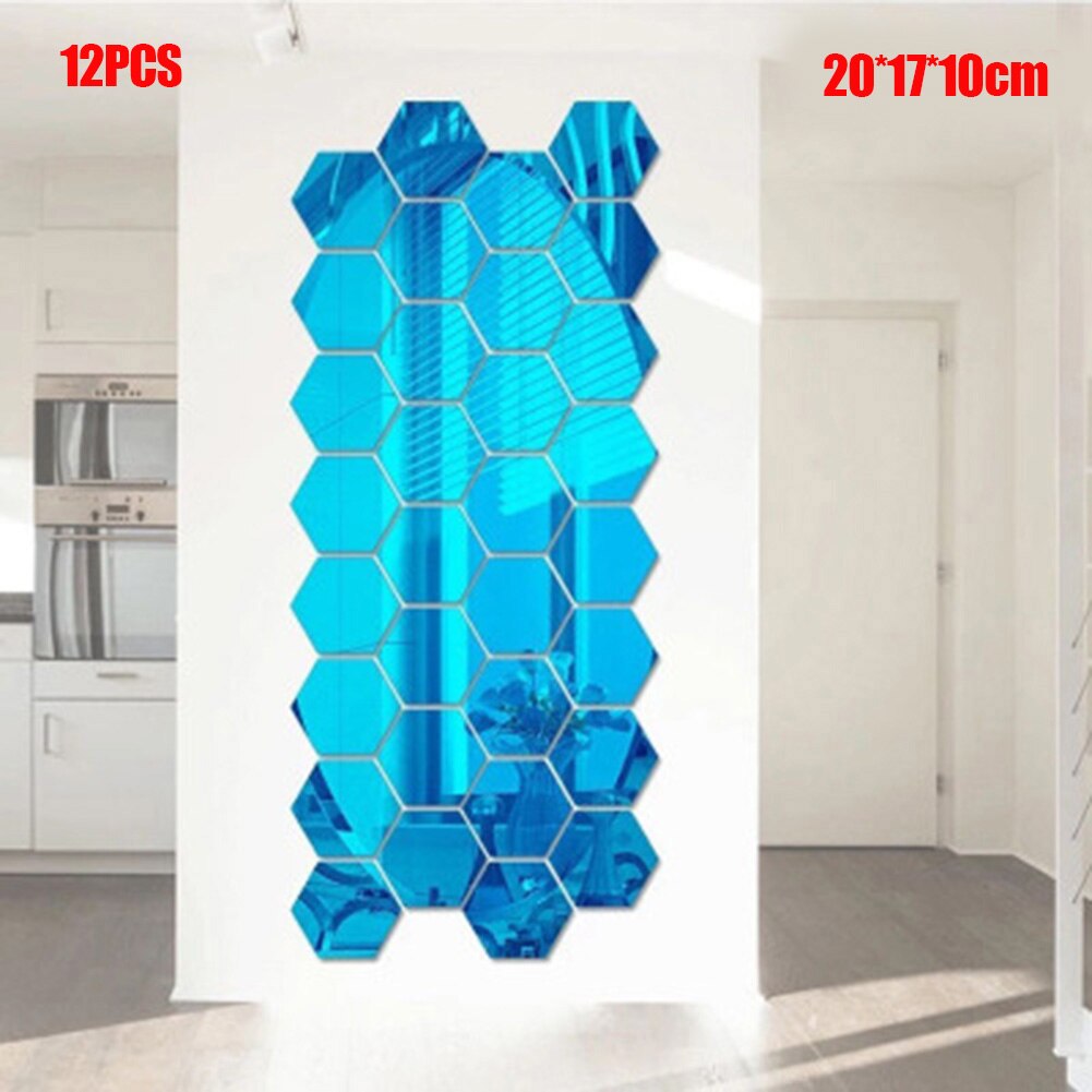 Spot 12 pièces hexagonales miroir Stickers muraux bricolage Art décoration de la maison salon artisanat QP2: Bleu