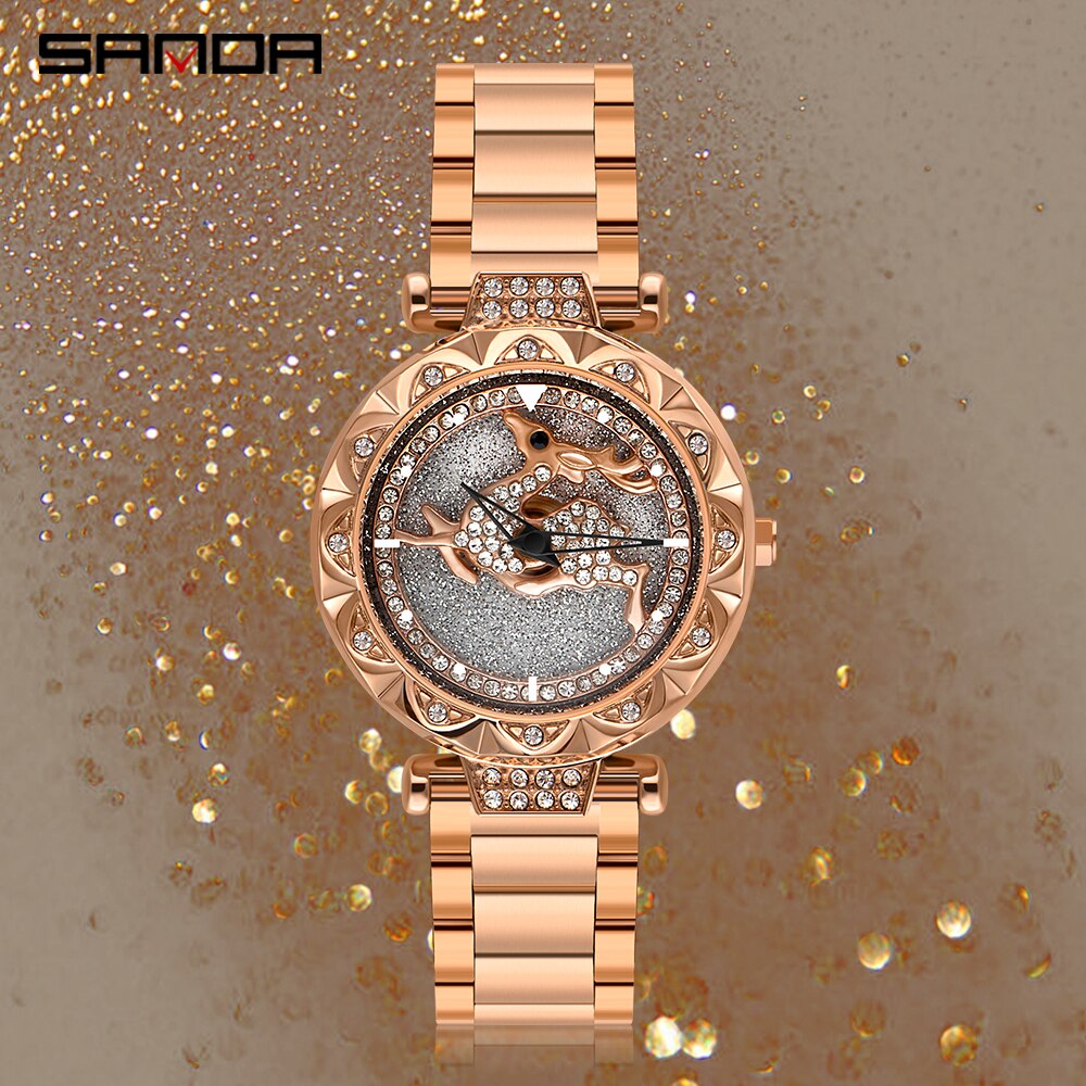 Sanda dameshorloge met kristal, diamant, draaibare wijzerplaat, leren stalen magneet, waterdicht quartzhorloge