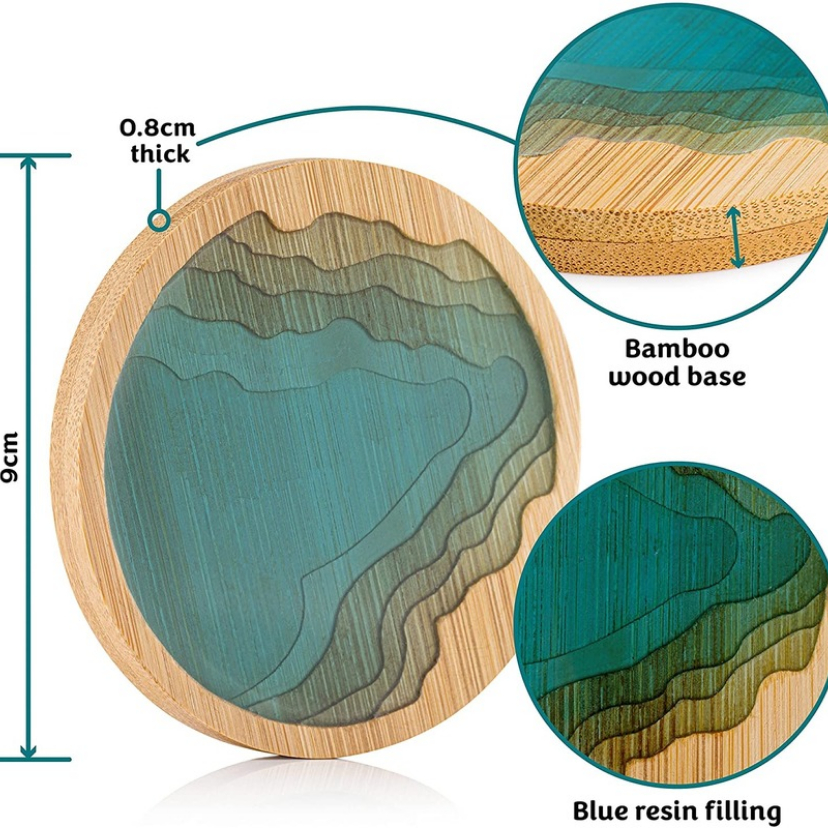 5 Pack Wood Coasters Round Ocean Wave Epoxy Resin and Bamboo Coaster Drink Mat Home Decorations