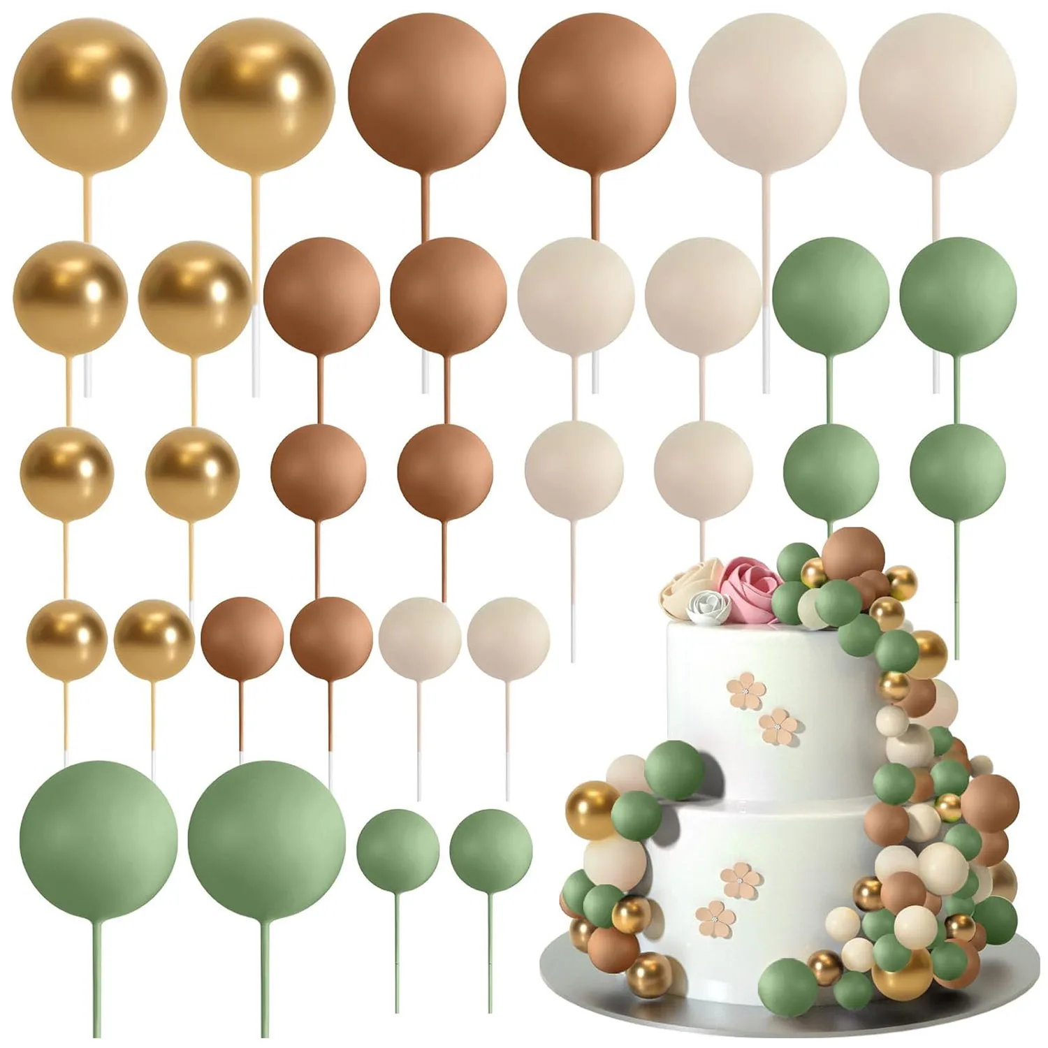 Décoration de gâteau vert sauge marron, 32 pièces, boules en mousse dorée, bricolage, décoration de gâteau pour réception pour bébé, fête d'anniversaire