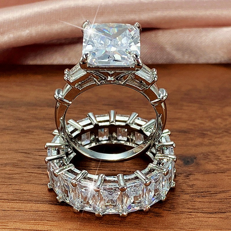 Huitan Luxe Trendy Vierkante Zirconia Promise Ringen Voor Vrouwen 2 Stuks Set Zilver Kleur/Goud Kleur Trouwringen Sieraden