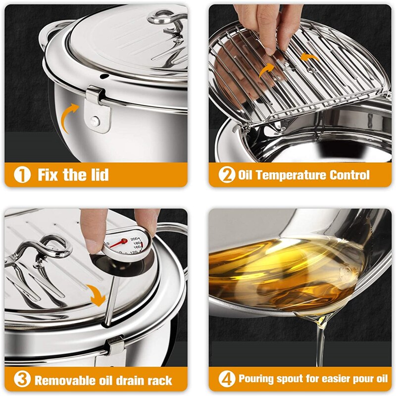 Deep Frying Pan Japanese Tempura Deep Fryer Stainless Steel Frying Pot with Lid &Thermometer Kitchen Non-stick Coating Fryer Pan