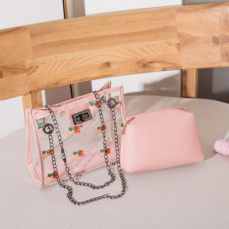 2 stuks/set transparante pvc schoudertassen dames schattige aardbeienprint clutch tas reis crossbody tas samengestelde set