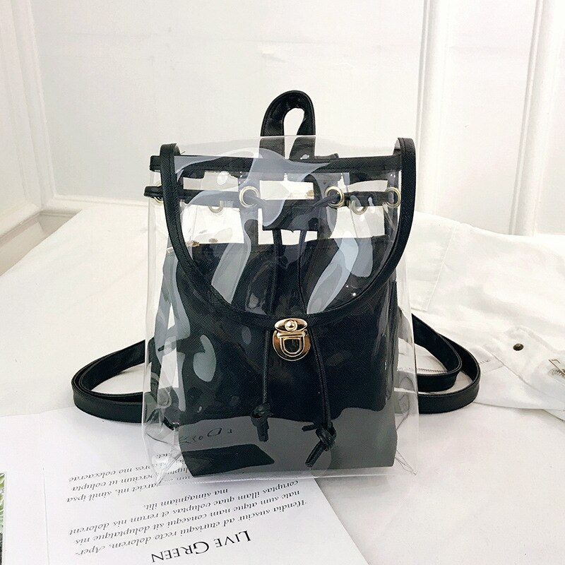 BONAMIE Mini Frauen Rucksack PVC Mädchen Klar transparent Tasche Gelee Reise Rucksack Für Dame Weibliche Schulter Taschen: Schwarz