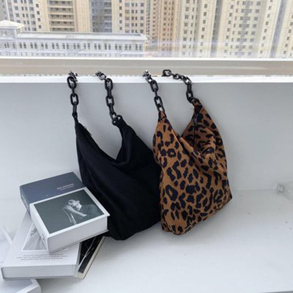 Autumn Winter Corduroy Shoulder Bags Retro Leopard Pattern Handbag Thick Chain Bags Female Daily Warm Soft