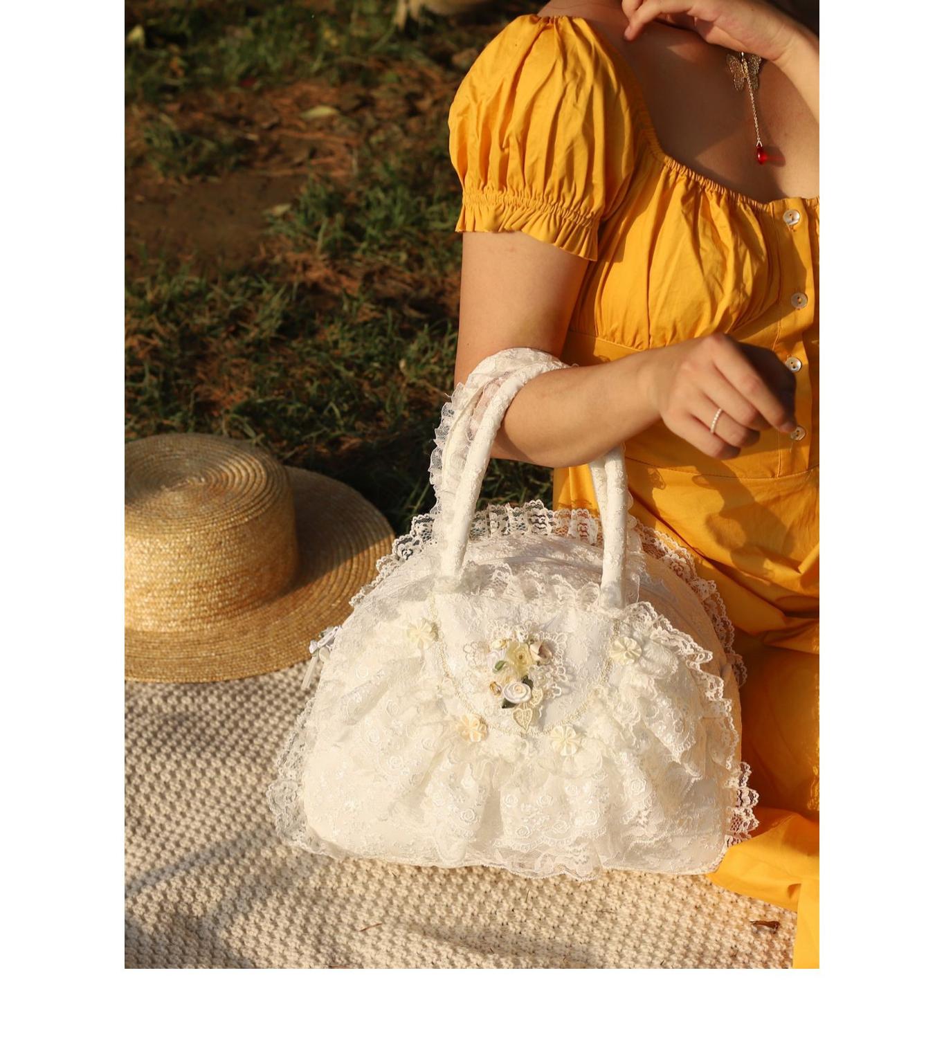 Vintage domstol prinsesse udsøgt håndtaske lolita fest hvid blonder tote taske
