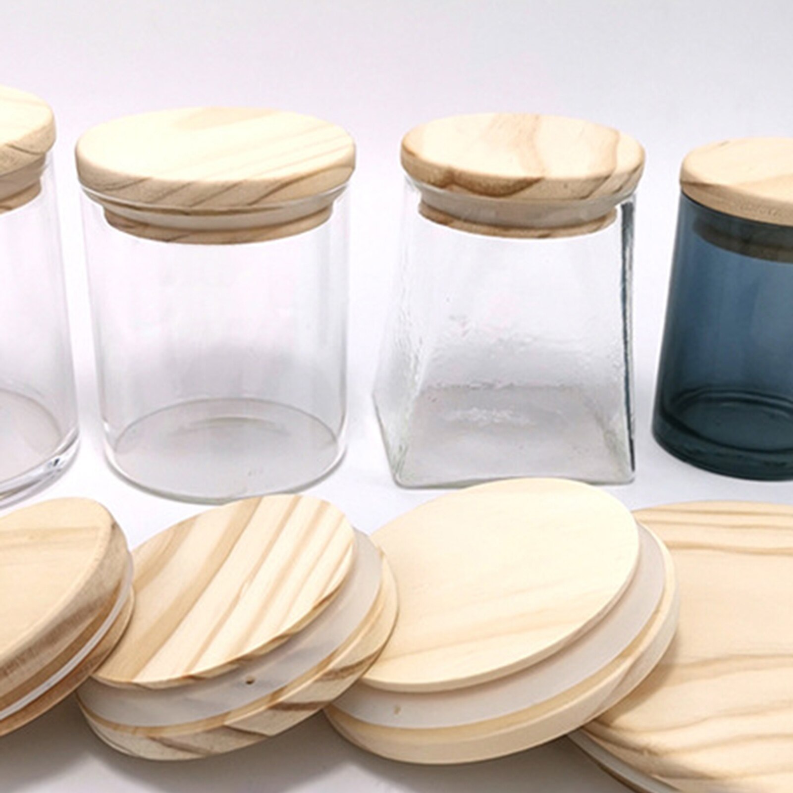 Reusable Mason Jar Canning Caps Non Leakage Pine Wooden Cover Lids with Silicone Seal Ring for Candle Cup Glass Accessories