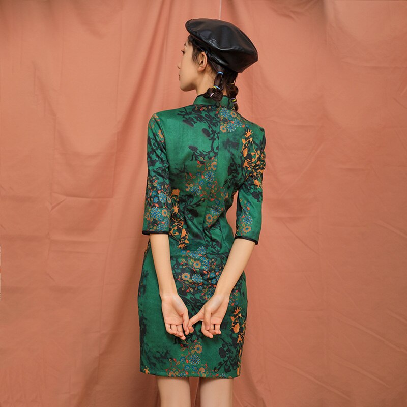 Verde do vintage moda chinesa moderno vestido feminino estilo nacional roupas curto primavera verão novo fino melhorar qipao vestidos da menina