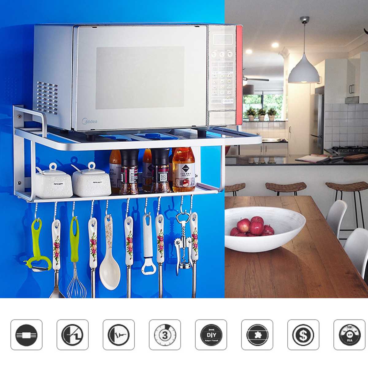 Estante para horno de doble pared antideslizante antióxido, soporte de aluminio para microondas, estante de almacenaje para cocina con gancho de suministro de cocina