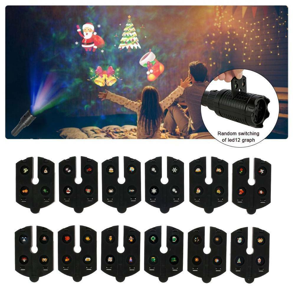 12 Pattern Flashlight Christmas Projection Lamp White snowflake Film Projection Lamp Christmas Party Atmosphere