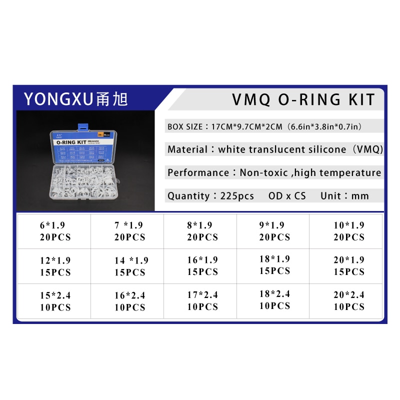 225 pièces joint torique Silicone caoutchouc 15 tailles VMQ Silicone joint torique élasticité joints toriques rondelle joint anneau assortiment Kit boîte