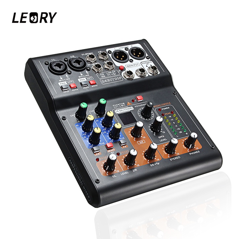 LEORY Mini 6 Kanalen Audio DJ Karaoke Sound Mixer Mixing Console Met DSP Effect 16 Soorten Voor PC audio KTV Vergadering