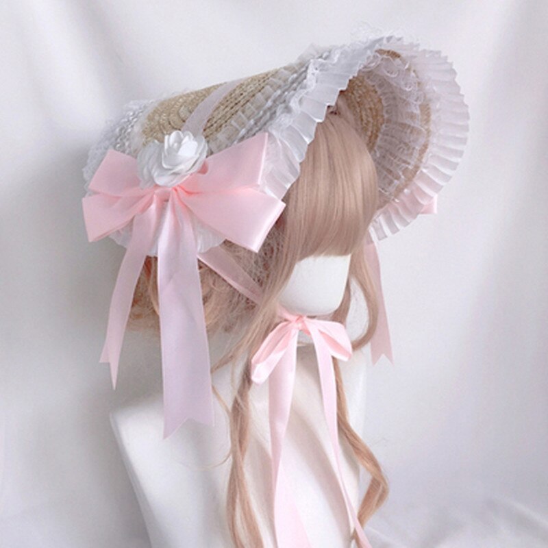 Chapeau de paille Lolita pastorale, fait à la main, doux, dentelle à volants, ruban de coupe, , fête de thé, Cosplay Floral, béret Lolita: A-1