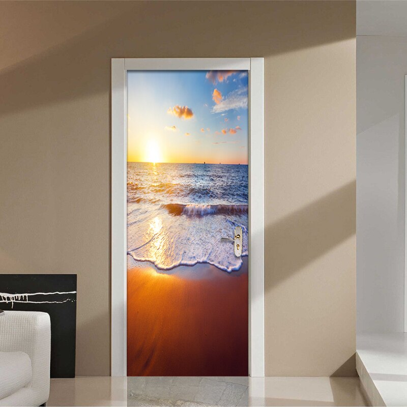 Beach Sunset Seascape Door Sticker Wall Mural Home Decor 3D PVC Waterproof Bathroom Bedroom DIY Self-adhesive Door Sticker