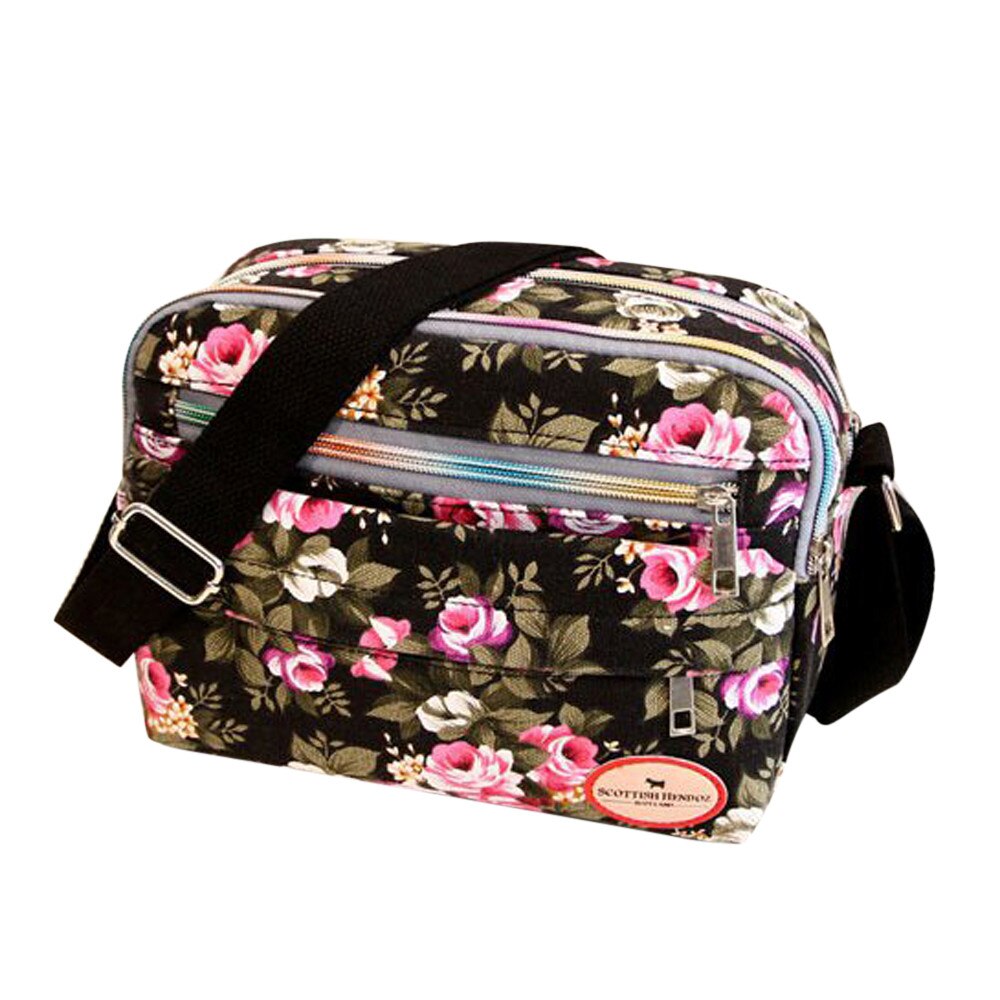 skrive ut blomst mor håndveske kvinner lerret glidelås crossbody bag skulderveske budbringer bag bag borse da donna: Svart