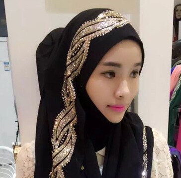 Fblus clurs dubai rejse skinnende tørklæde moske tørklæde dame chiffion farveblok hijab tørklæde sjal: Sort