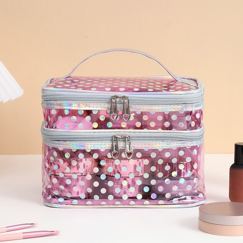 Polka dot transparent PVC double layer makeup bag Multi-functional portable waterproof makeup case large capacity travel storage: Pink