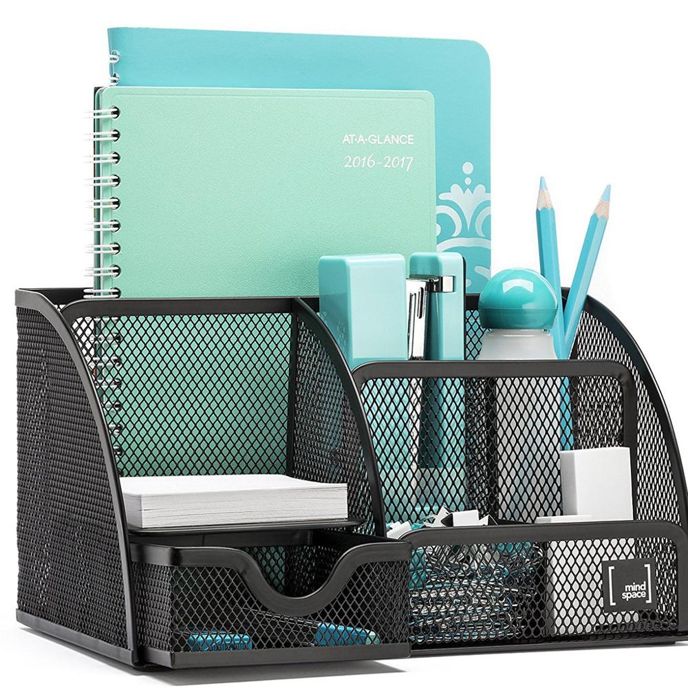 Office Desk Organizer with 6 Compartments Drawer | The Mesh Collection Black Desktop Storage Office Desk Organizer