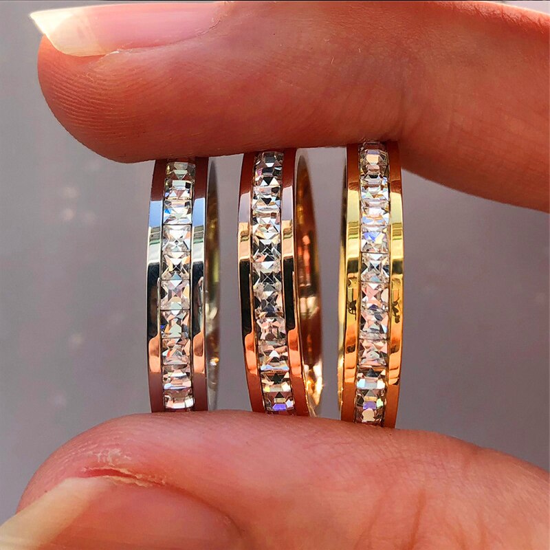 Boho Female Crystal CZ Stone Ring Vintage Titanium Steel Women Wedding Rings Promise Yellow Gold Engagement Jewelry