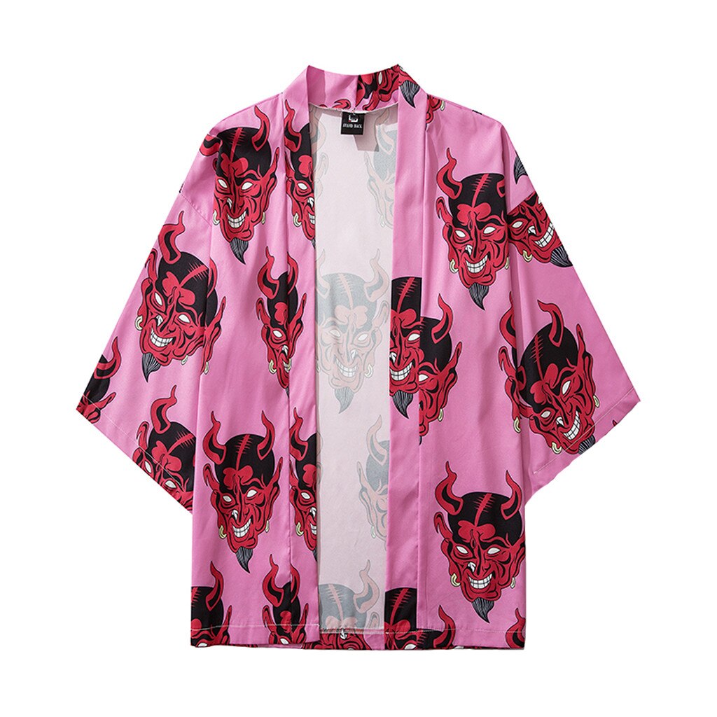 Kimono japonais à manches cinq points, streetwear, chemises diable, impression complète, chemises hawaïennes amples, harajuku, été: Rouge / XXL