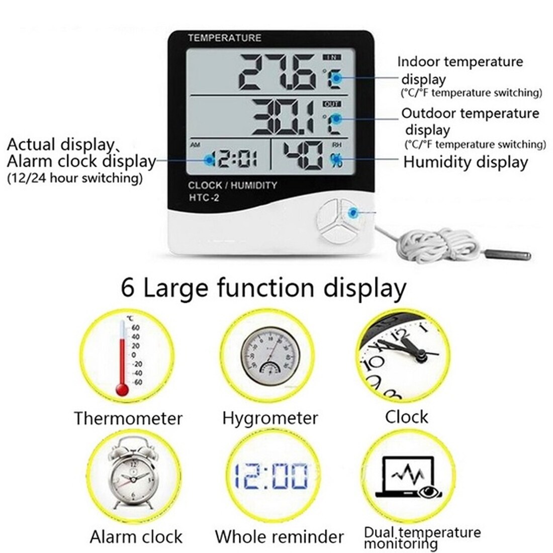 Digital LCD Thermometer Hygrometer Weather Station Sensor Probe Temperature Humidity Tester Clock Alarm Wall Indoor Outdoor