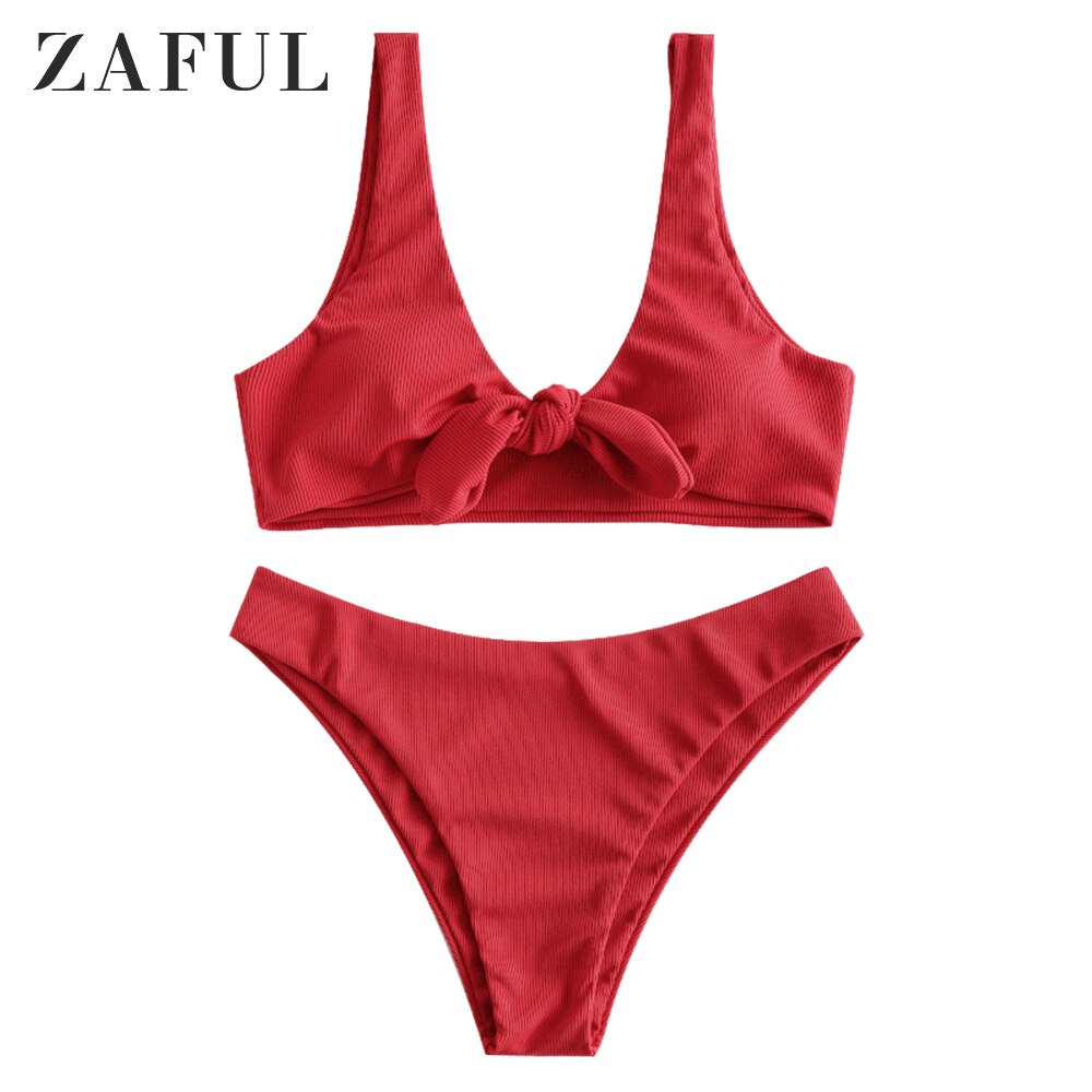 ZAFUL-Bikini con relleno frontal para mujer, traje de baño con cuello redondo sin aros, bañador deportivo acolchado extraíble: Lava Red / L
