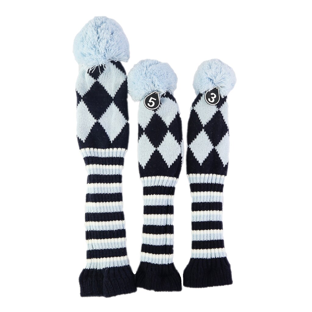 Stripes Knitted Golf Club Head Covers 3 Piece Set 1 3 5 Driver and Fairway HeadCovers with No. Tag: Light Blue