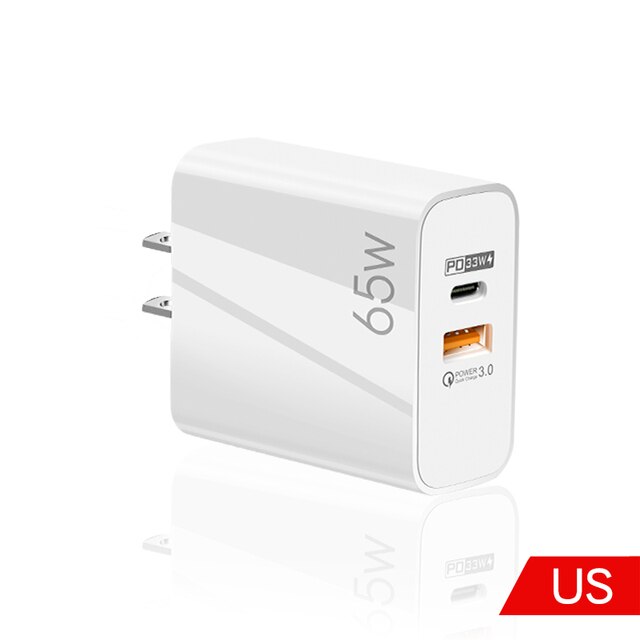 2 in 1 65W GaN Charger Quick Charge 4.0 3.0 Type C PD USB Charger with QC 4.0 3.0 Portable Fast Charger For iPhone 12 13 Samsung: US white