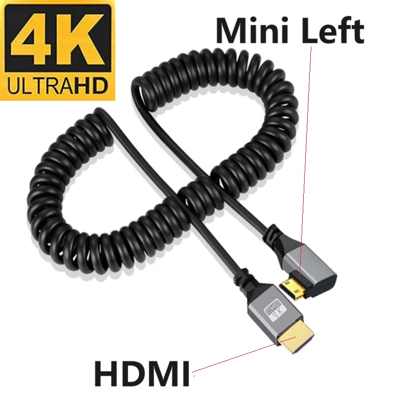 4K HDMI kabel sprężynowy z męskiego na męskie lewego prawego w górę w dół Mini Micro hdmi zwinięty przedłużacz elastyczny kabel spiralny podłącz kabel HDMI: YELLOW