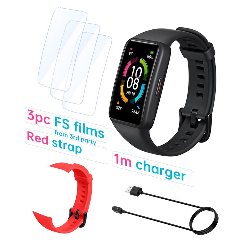 Honor-reloj inteligente Band 6 Original, pulsera con pantalla táctil AMOLED, Monitor de ritmo cardíaco y sueño, oxígeno en sangre, SpO2, resistente al agua: Std B F Cable Red S