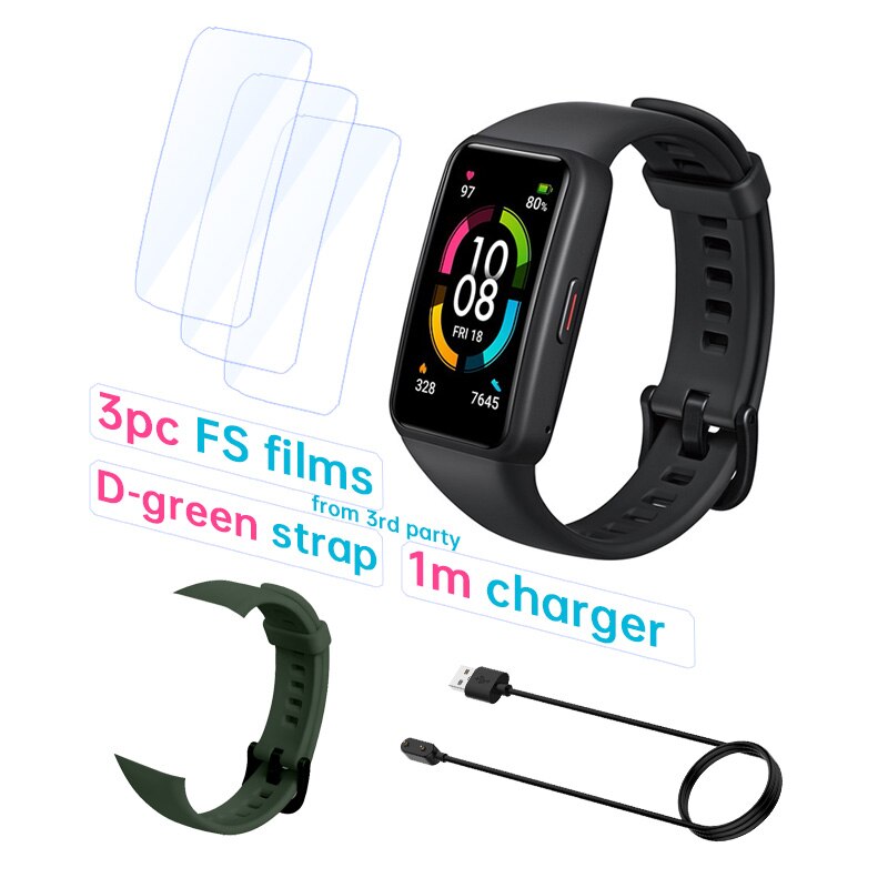 Honor-reloj inteligente Band 6 Original, pulsera con pantalla táctil AMOLED, Monitor de ritmo cardíaco y sueño, oxígeno en sangre, SpO2, resistente al agua: Std B F Cable Green