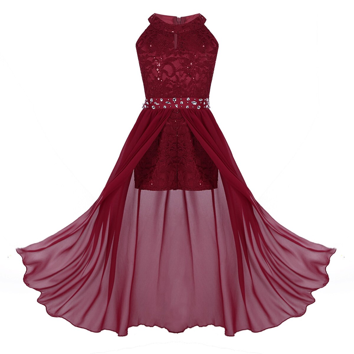 Children Kids Dresses for Girls Party and Wedding Floral Lace Girls Princess Dress Vestidos Infantil Sleeveless Maxi Long Dress: Burgundy / 14