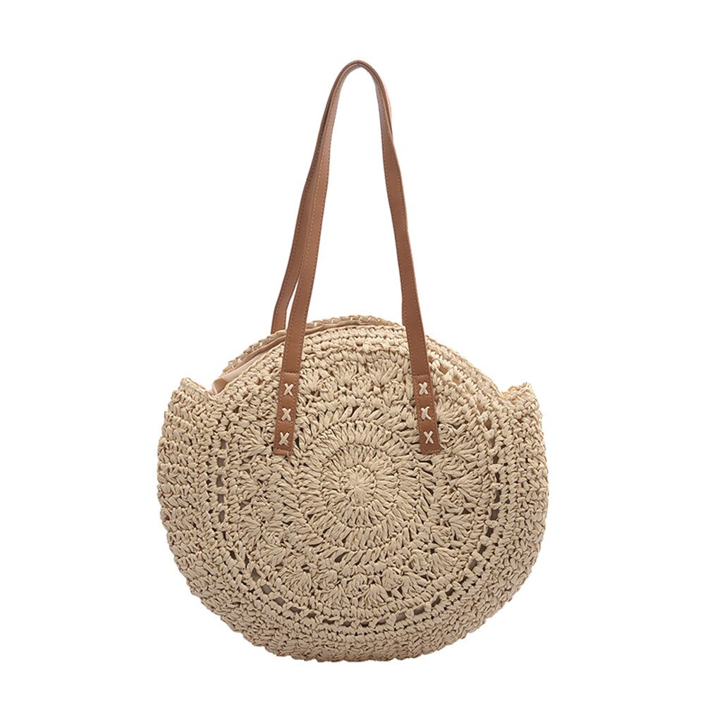 Saco de praia de palha redonda feminina saco de ombro tecido artesanal do vintage ráfia círculo rattan sacos boêmio verão férias sacos casuais: WH