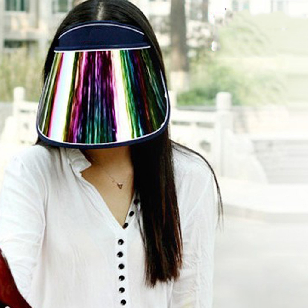 Visera vacía de verano para mujer, gorra de plástico con de arcoíris, Panel de protección UV, visera grande con visera ancha, gorra de playa para motocicleta #0323y30